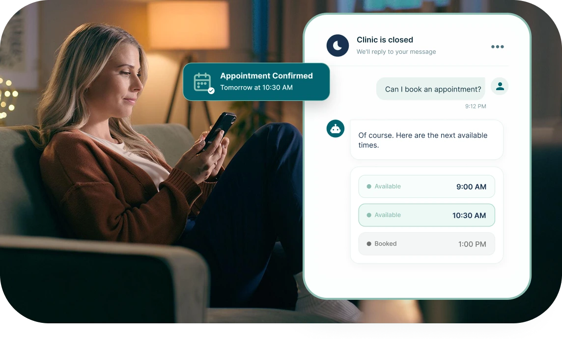 A client booking a 10:30 AM appointment with Moe from her phone while the clinic is closed